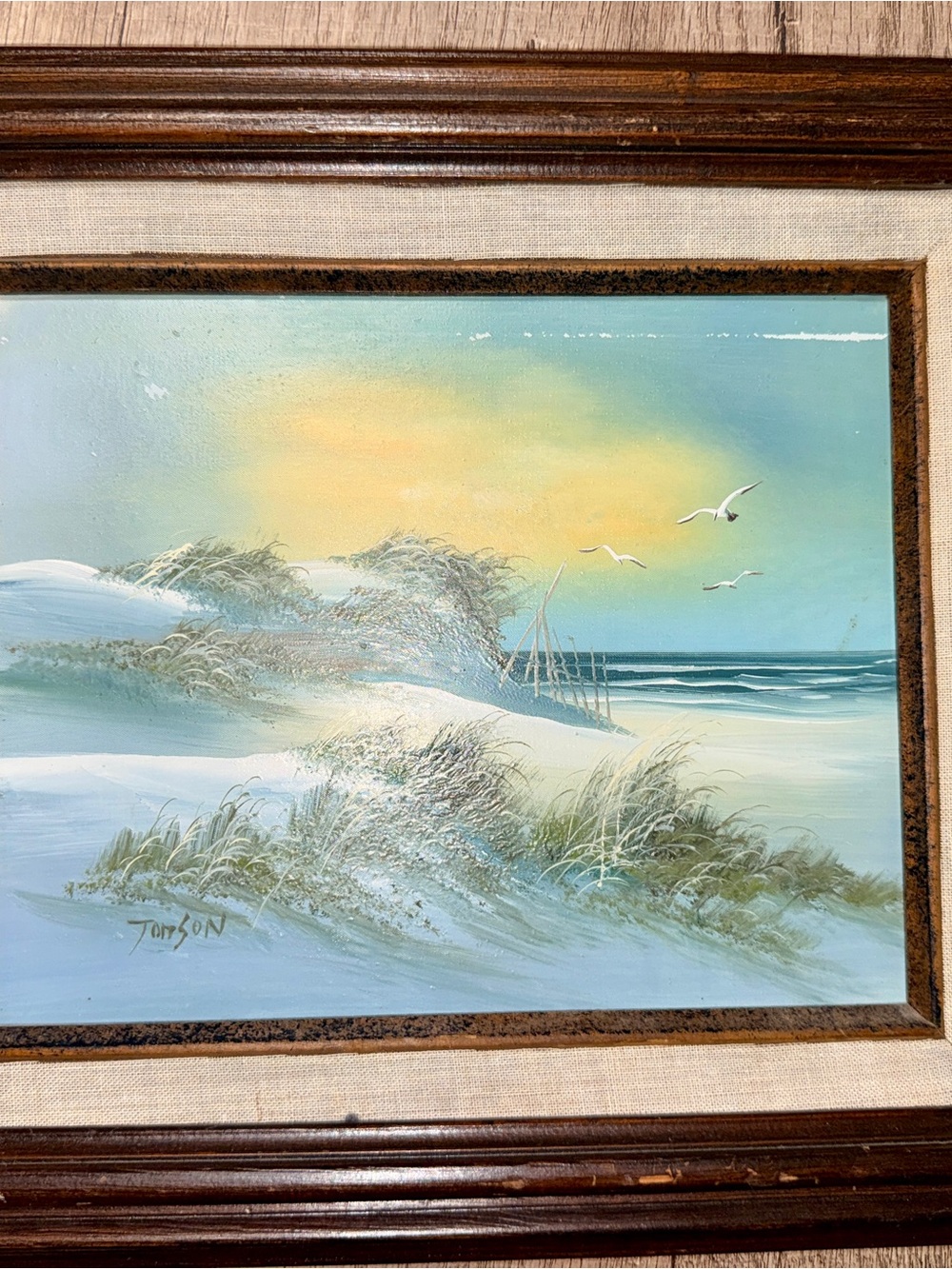 Vintage Coastal Seascape Wall Art in Soft Blue and Yellow signed by Jonson.